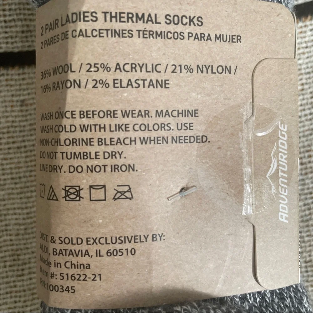 Adventuridge 2 Pr Ladies Thermal Wool Blend Socks Shoe 4-10 Certified Oeko-Tex
